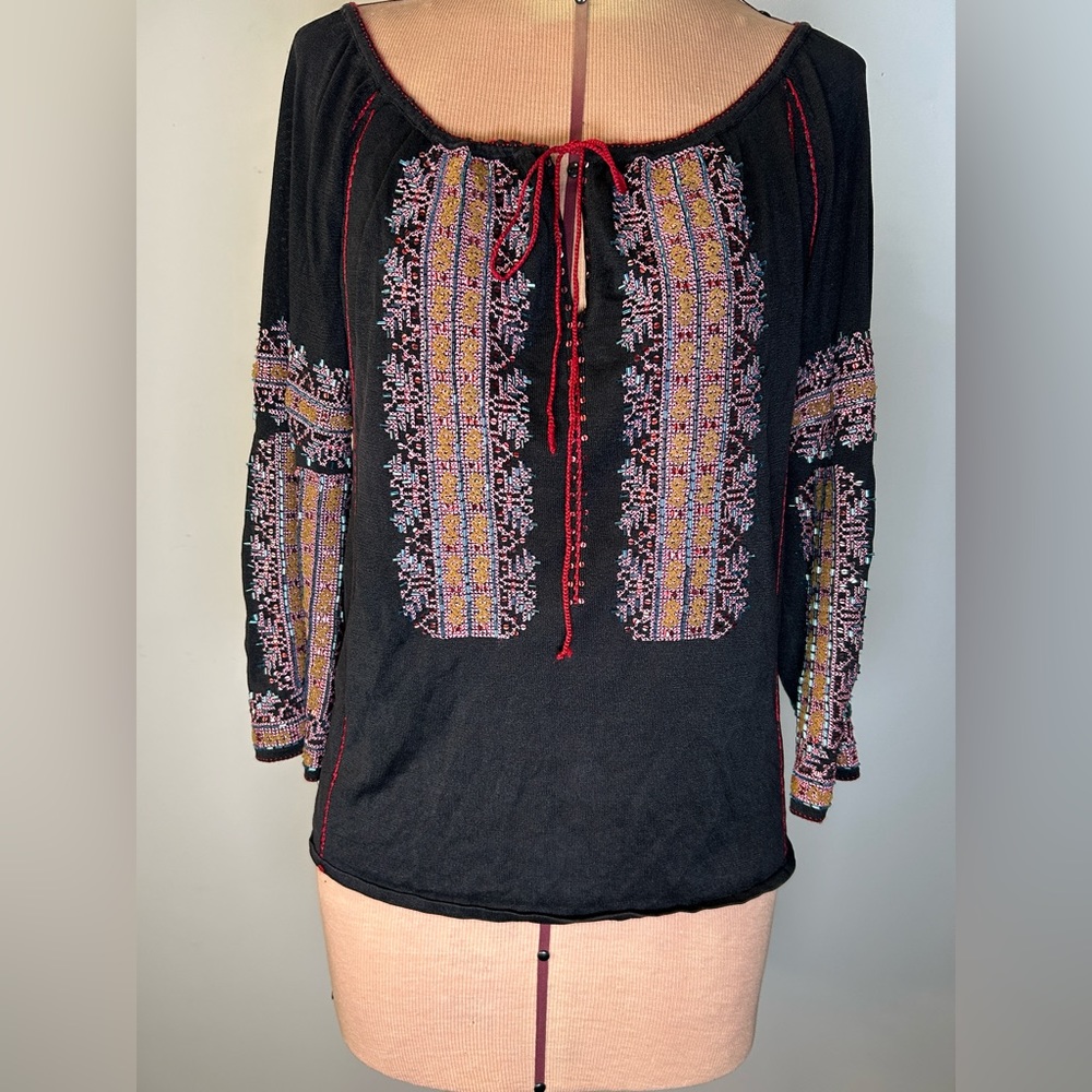 DKNY Bohemian Beaded Silk Peasant Blouse Black Size Small